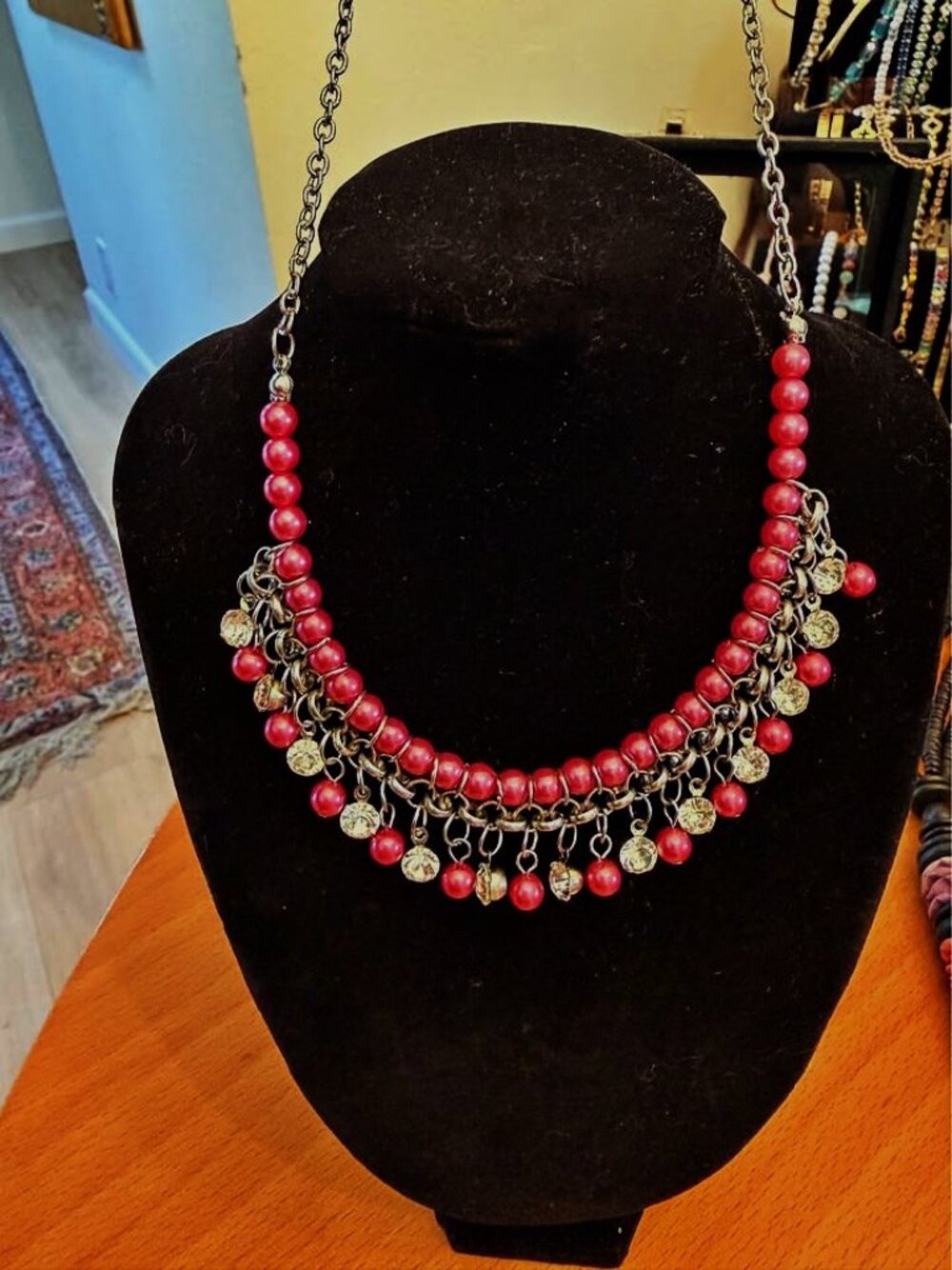 Beautiful Pink Beaded Statement Necklace Rhinestone Fringe Bib
